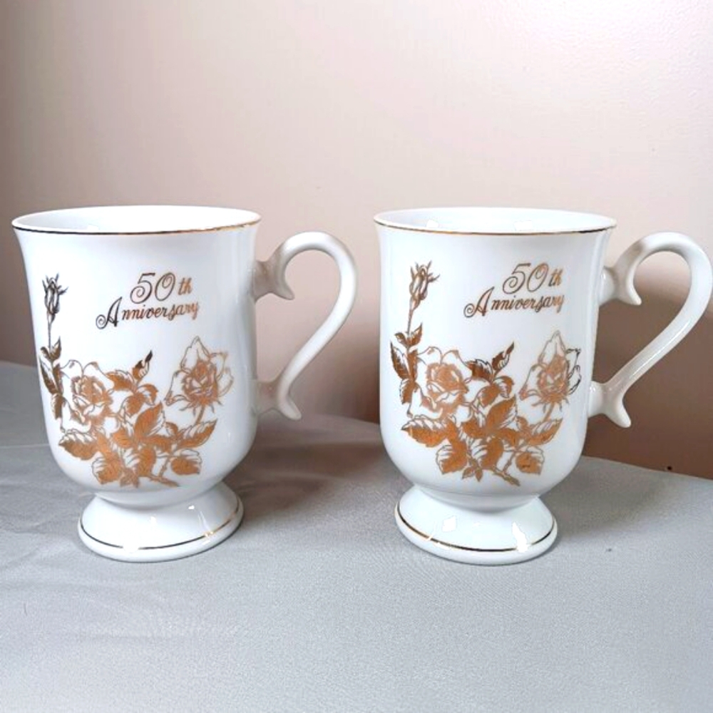 Vintage 50th Anniversary Footed Mugs 10 Oz White Gold Rose Set Of 2 Gift